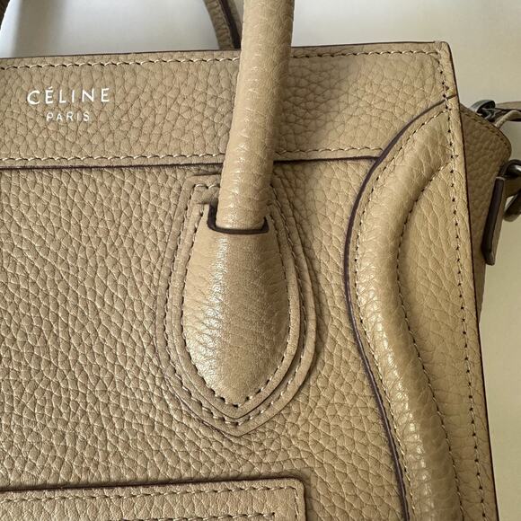 CELINE Luggage Nano Tote Bag Beige Pebbled Leather Handbag Crossbody - Picture 3 of 15